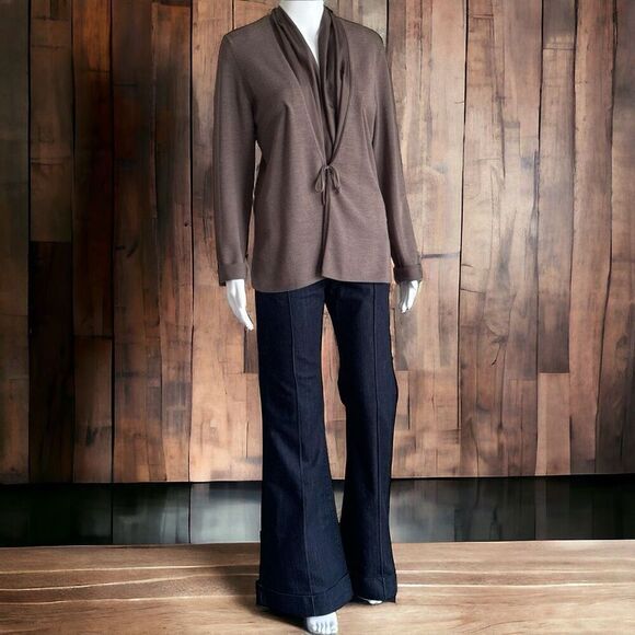 Eileen Fisher Brown Silk Trim Tie Waist Cardigan Sweater - Picture 1 of 11
